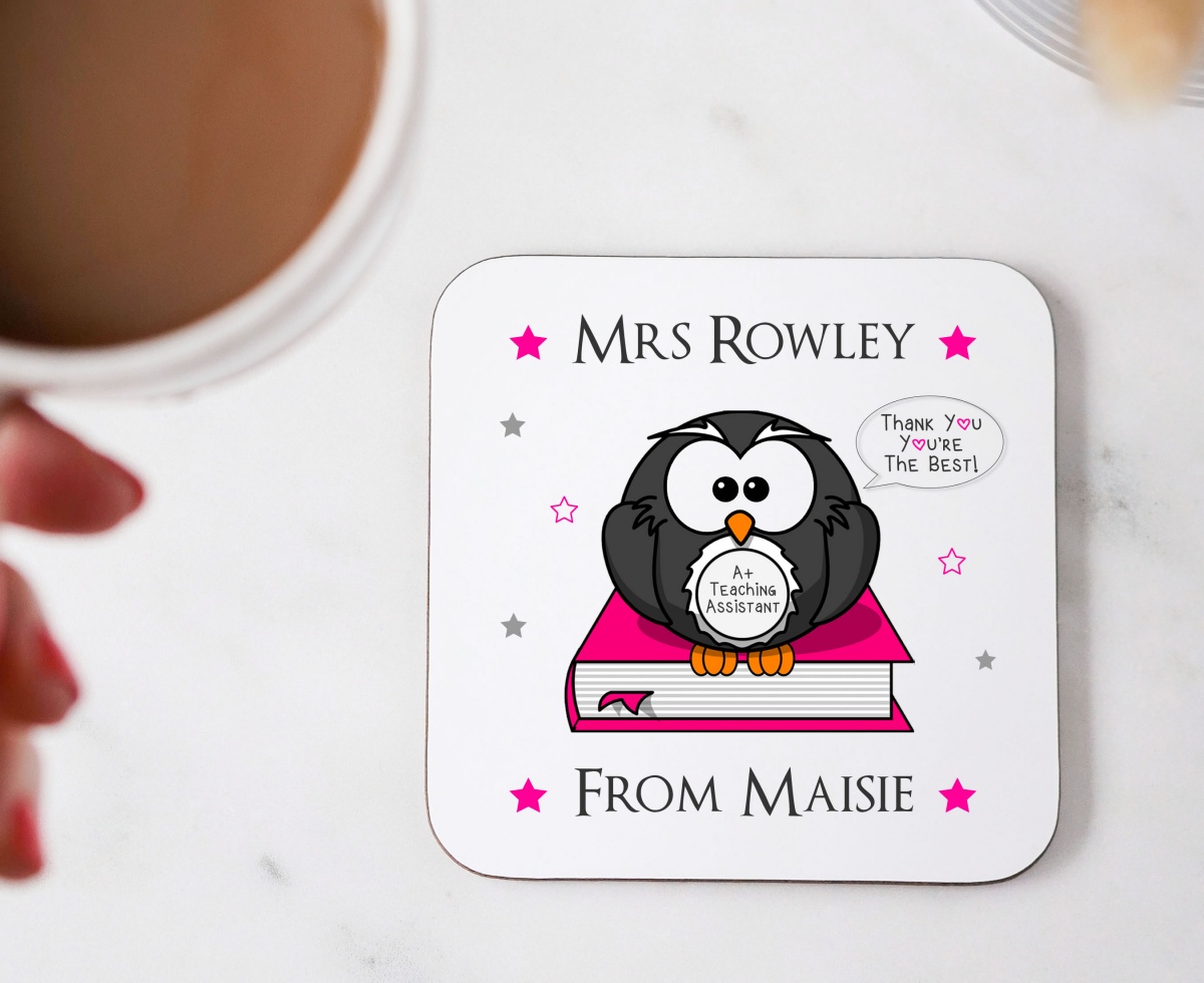 Personalised Pink Owl Thank You Teaching Assistant Gift Wooden Coaster